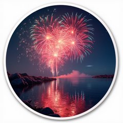 3D rendered vibrant fireworks lighting up the night sky reflected in water