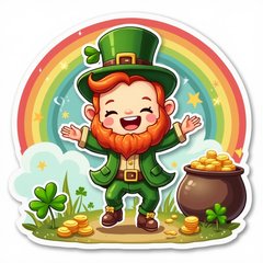 Kawaii leprechaun dancing with a pot of gold and rainbow, surrounded by shamrocks