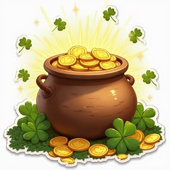 3D rendered pot of gold overflowing with coins and clovers