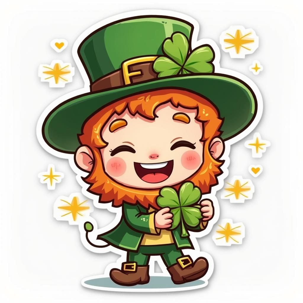 Chibi leprechaun holding a four-leaf clover with a cheerful expression