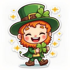 Chibi leprechaun holding a four-leaf clover with a cheerful expression