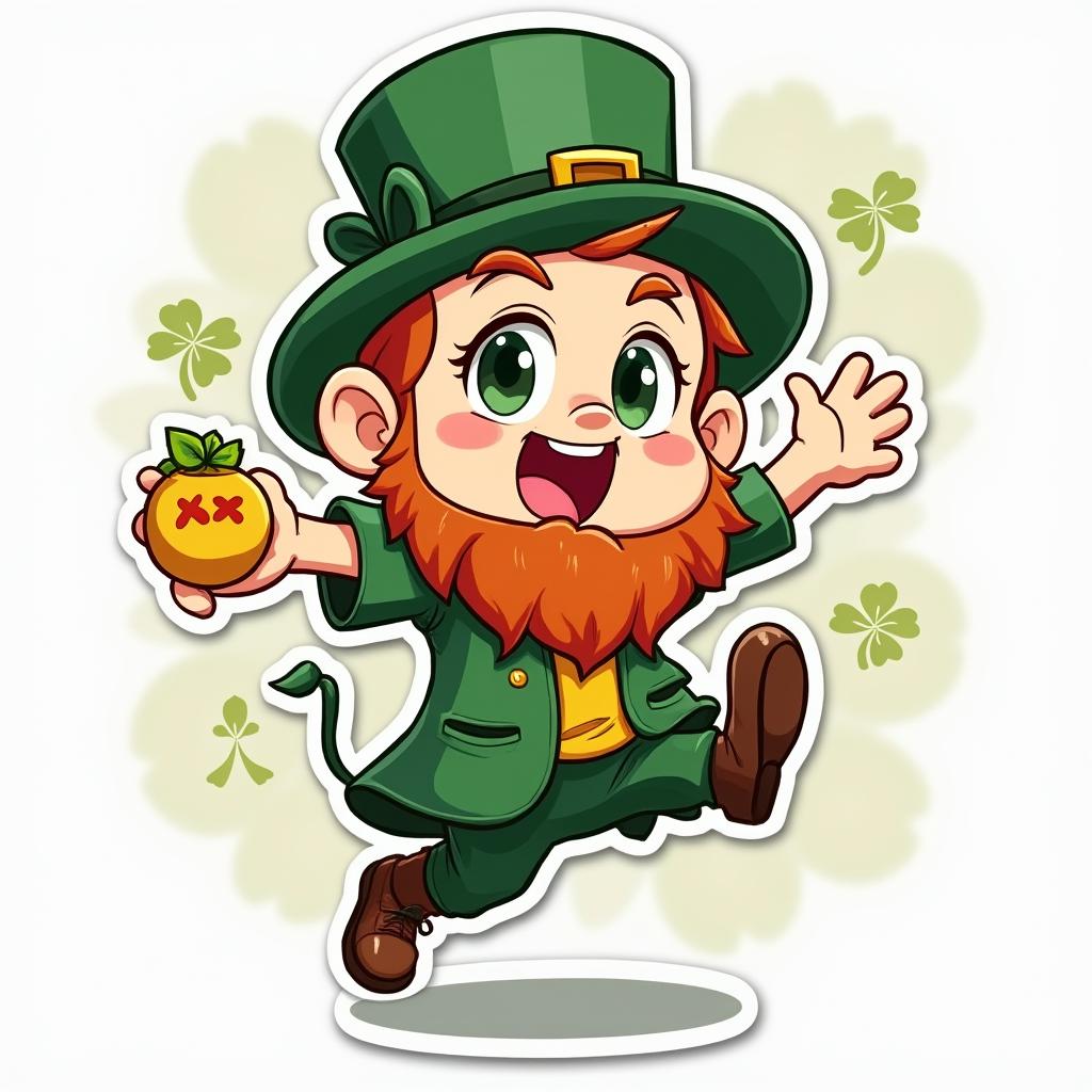 Anime leprechaun with big eyes jumping for joy with a lucky charm