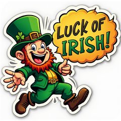 Comic book style leprechaun exclaiming 'Luck of the Irish!' with dynamic pose