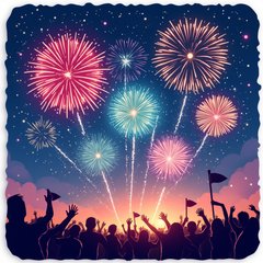Cartoon fireworks in the night sky with a cheering crowd and flags