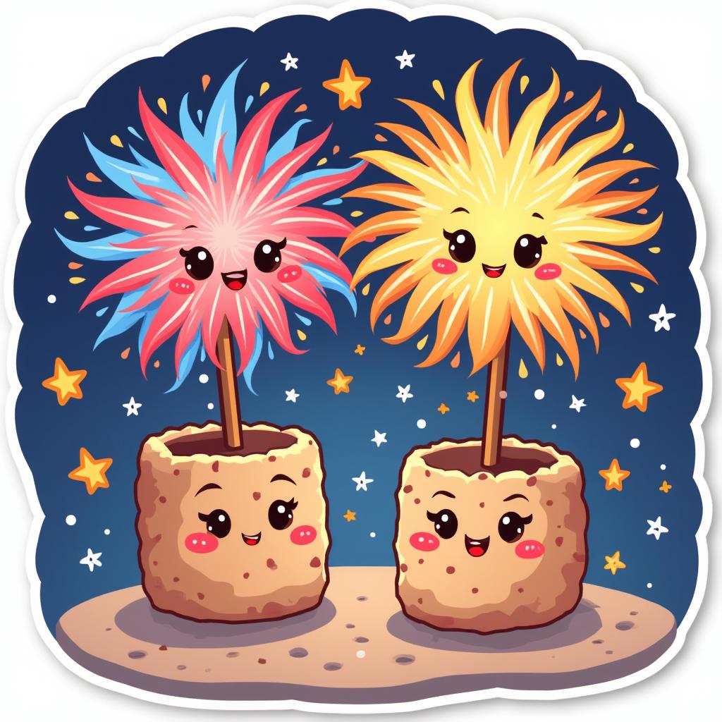 Kawaii cartoon fireworks with smiling faces and sparkling stars