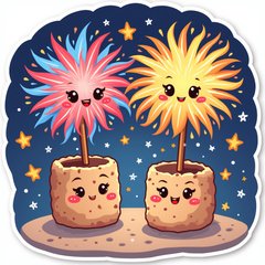 Kawaii cartoon fireworks with smiling faces and sparkling stars