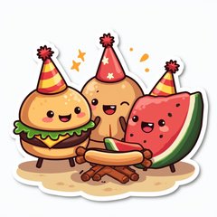 Kawaii food items like burgers and hot dogs with party hats at a cookout