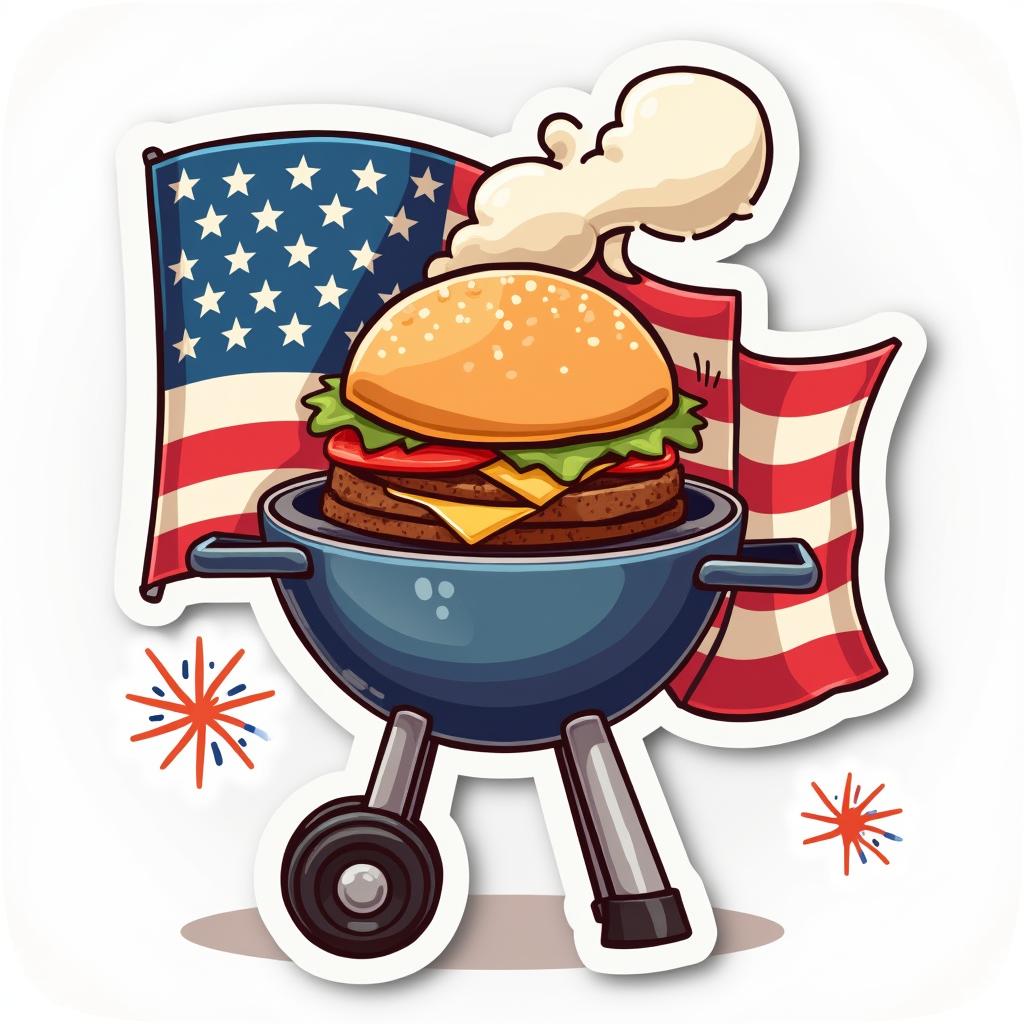 Emoji-style sticker of a cheerful grill with burgers and fireworks
