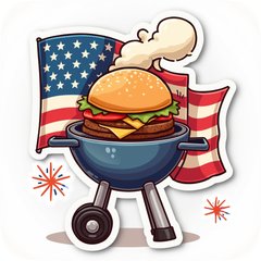 Emoji-style sticker of a cheerful grill with burgers and fireworks
