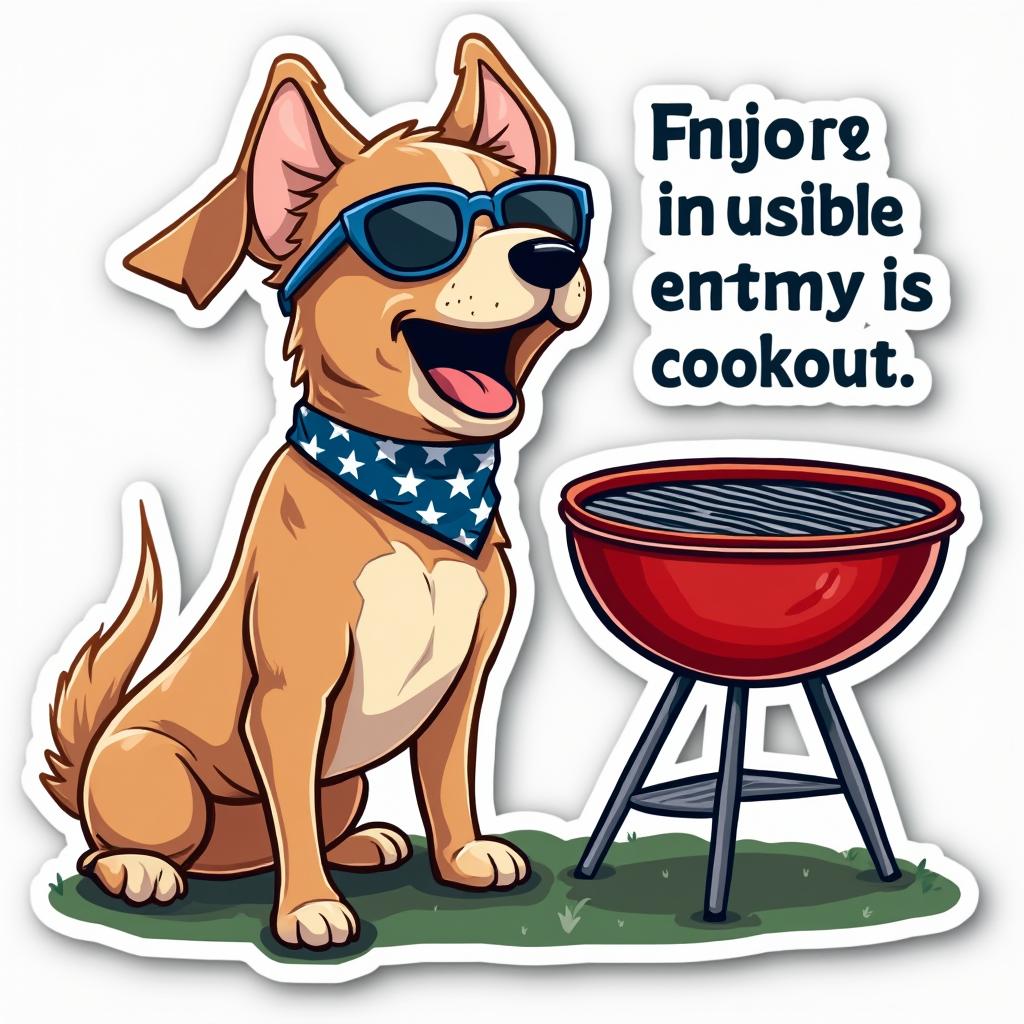 Meme sticker of a dog in sunglasses at a barbecue grill with a funny caption