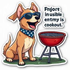 Meme sticker of a dog in sunglasses at a barbecue grill with a funny caption