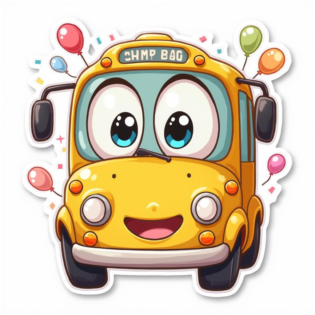 Kawaii yellow bus with big eyes smiling surrounded by confetti