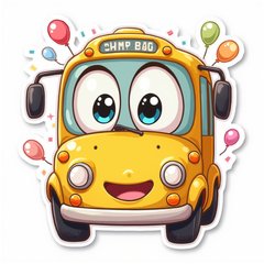 Kawaii yellow bus with big eyes smiling surrounded by confetti