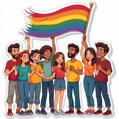 Cartoon diverse group of people celebrating with a rainbow flag