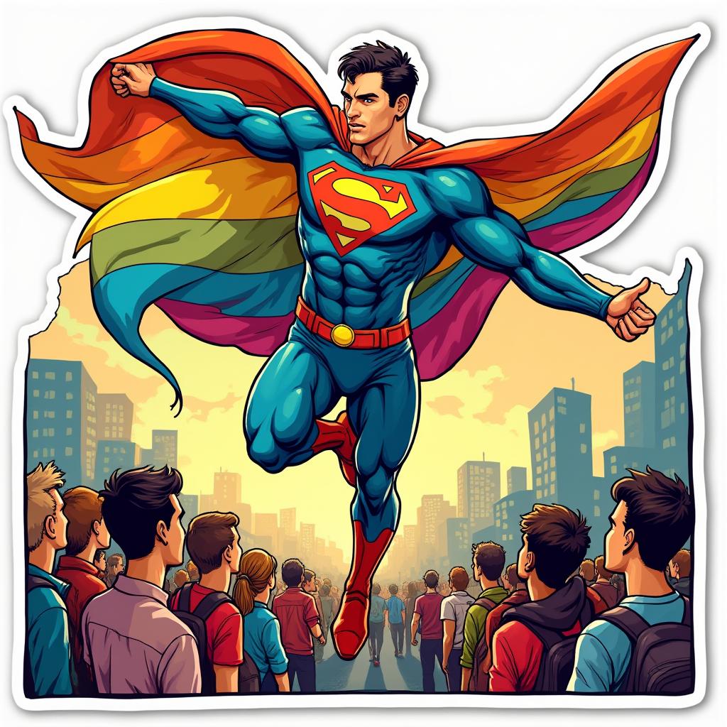 Comic book superhero in rainbow cape flying over a crowd