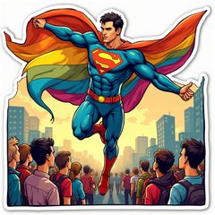 Comic book superhero in rainbow cape flying over a crowd