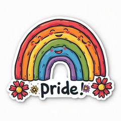 Doodle of a rainbow with faces and 'Pride!' text