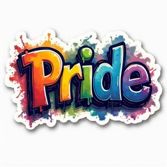 Graffiti-style sticker of the word 'Pride' in bright colors