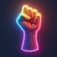 3D rendered glowing fist in rainbow colors raised in empowerment
