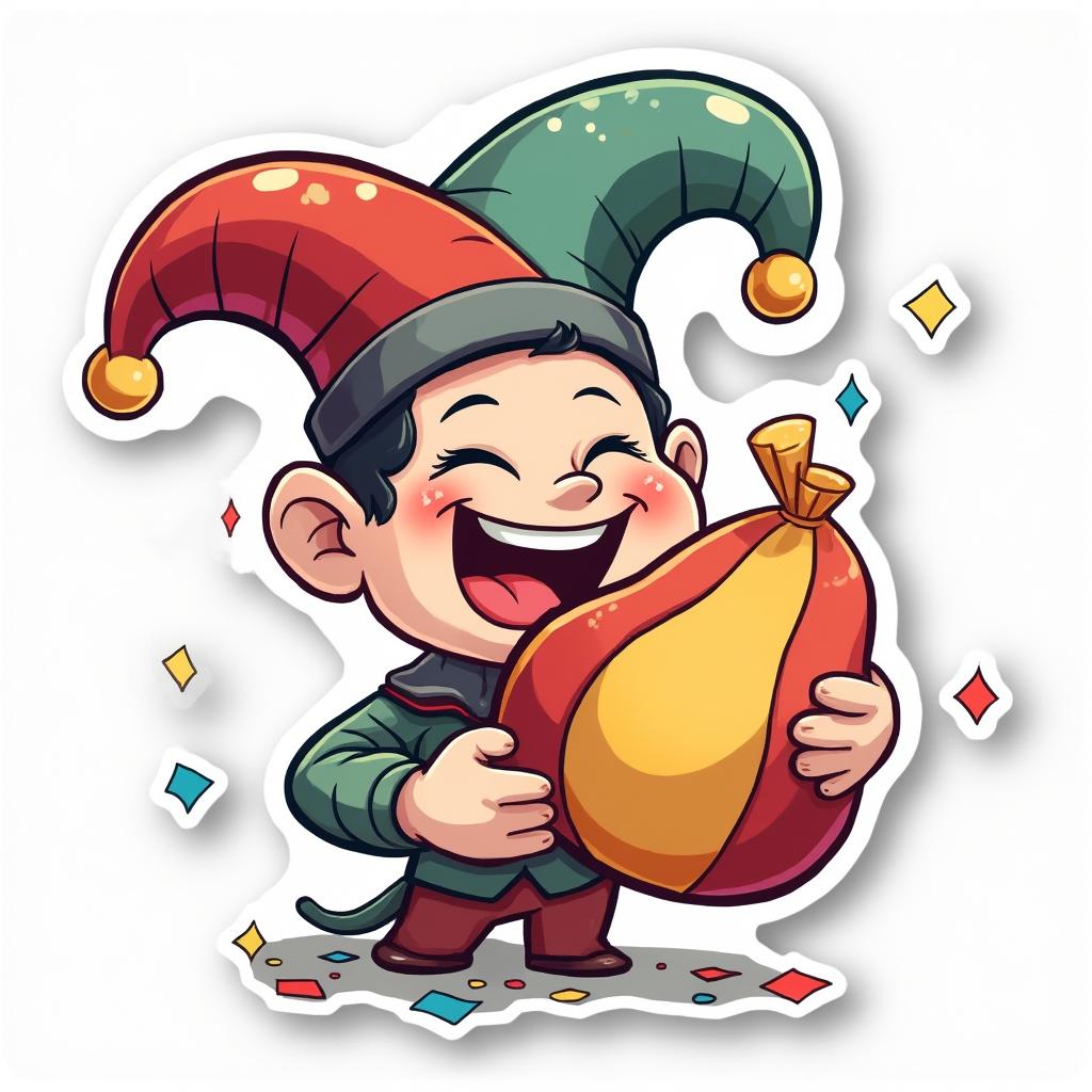 Cartoon character in jester hat laughing with whoopee cushion and confetti