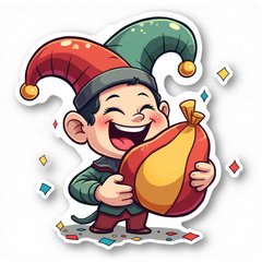 Cartoon character in jester hat laughing with whoopee cushion and confetti