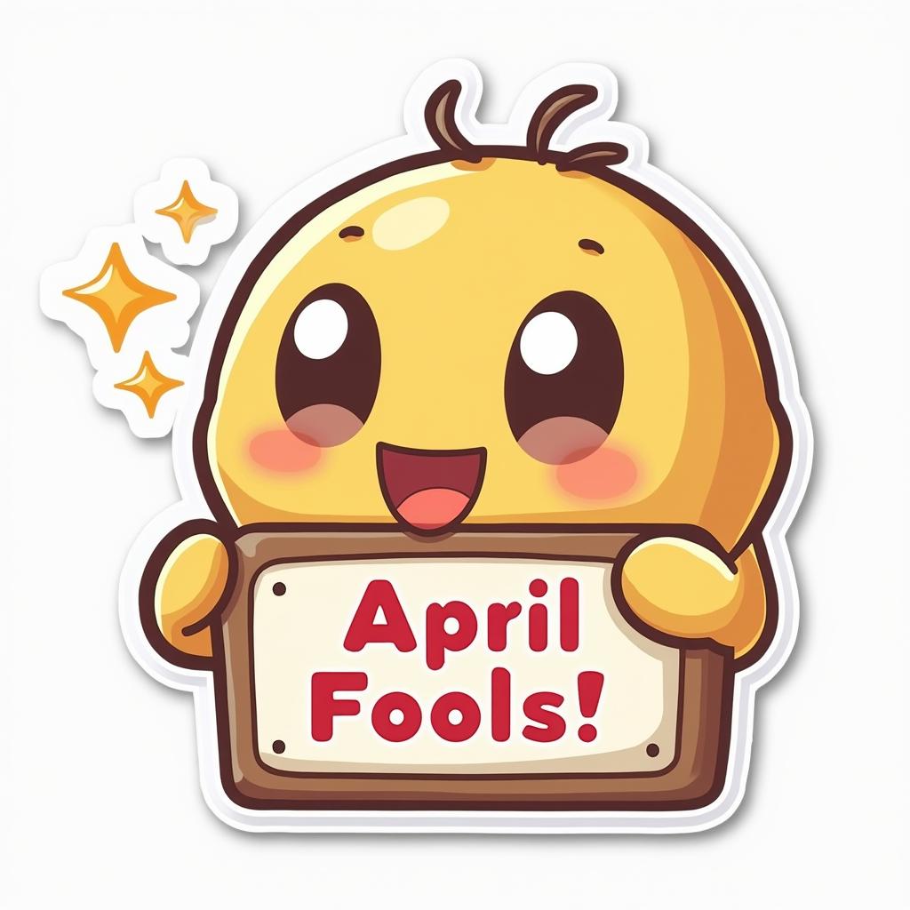 Kawaii character with big eyes holding 'April Fools!' sign with sparkles
