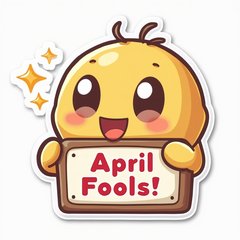 Kawaii character with big eyes holding 'April Fools!' sign with sparkles