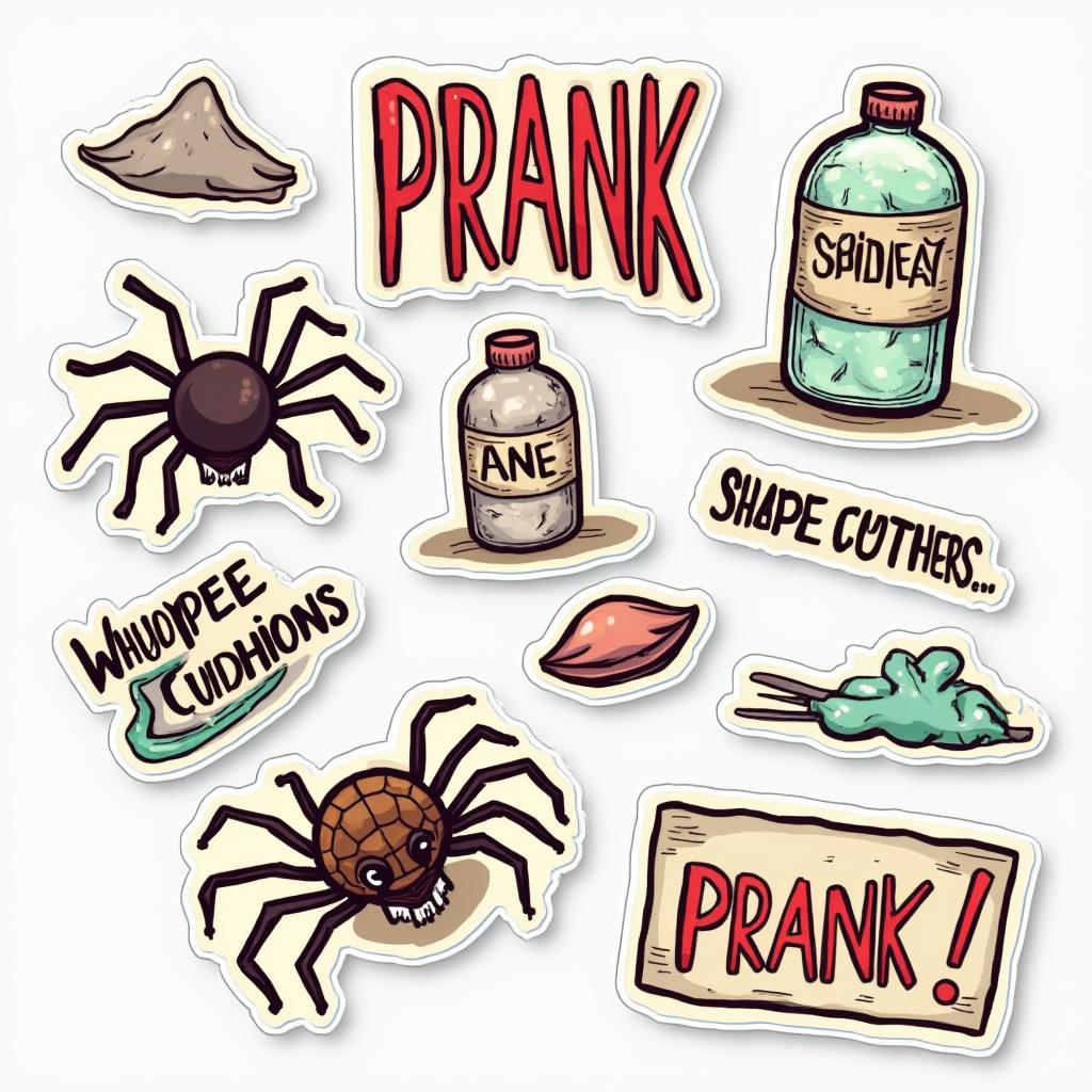 Doodle of prank items including fake spiders and whoopee cushions