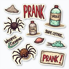 Doodle of prank items including fake spiders and whoopee cushions