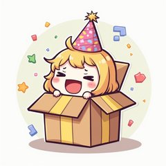 Chibi character popping out of a gift box with party hat and confetti