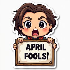 Pop culture character with shocked expression and 'April Fools!' sign