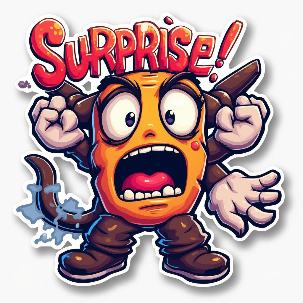 Graffiti-style sticker of shocked character with 'Surprise!' text