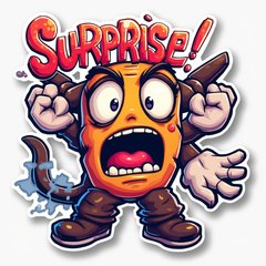 Graffiti-style sticker of shocked character with 'Surprise!' text