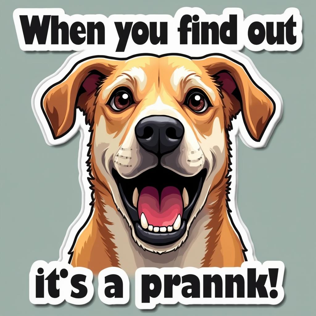 Surprised dog meme with text 'When you find out it's a prank!'