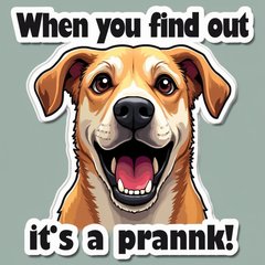 Surprised dog meme with text 'When you find out it's a prank!'