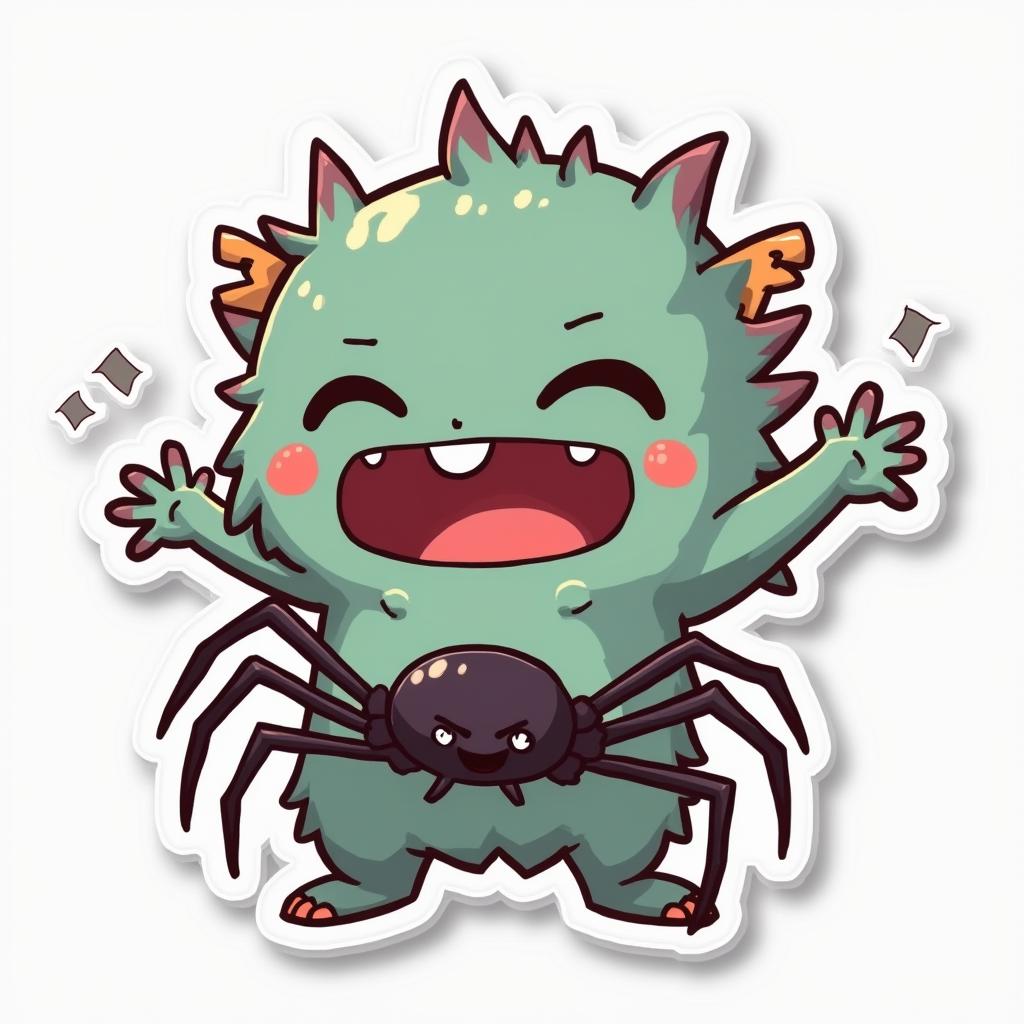 Kawaii monster holding fake spider with mischievous wink