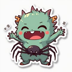 Kawaii monster holding fake spider with mischievous wink