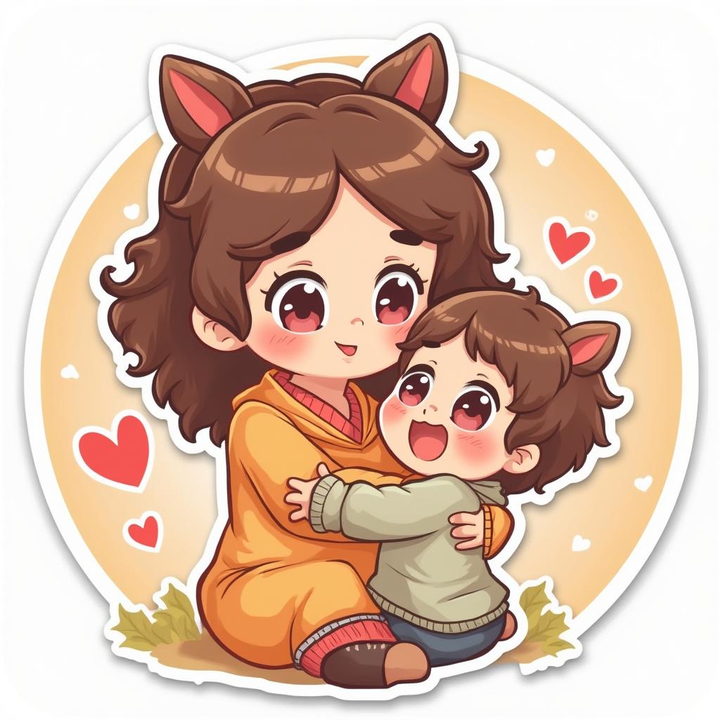 Kawaii mother and child hugging with hearts around them