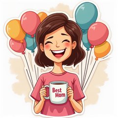 Cartoon mom holding a 'Best Mom' mug surrounded by balloons