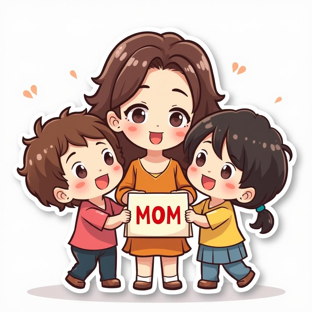 Chibi mom with children giving her a handmade card