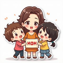 Chibi mom with children giving her a handmade card