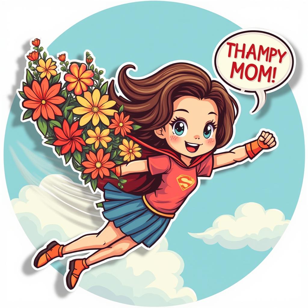 Comic book-style superhero mom flying with a flower cape