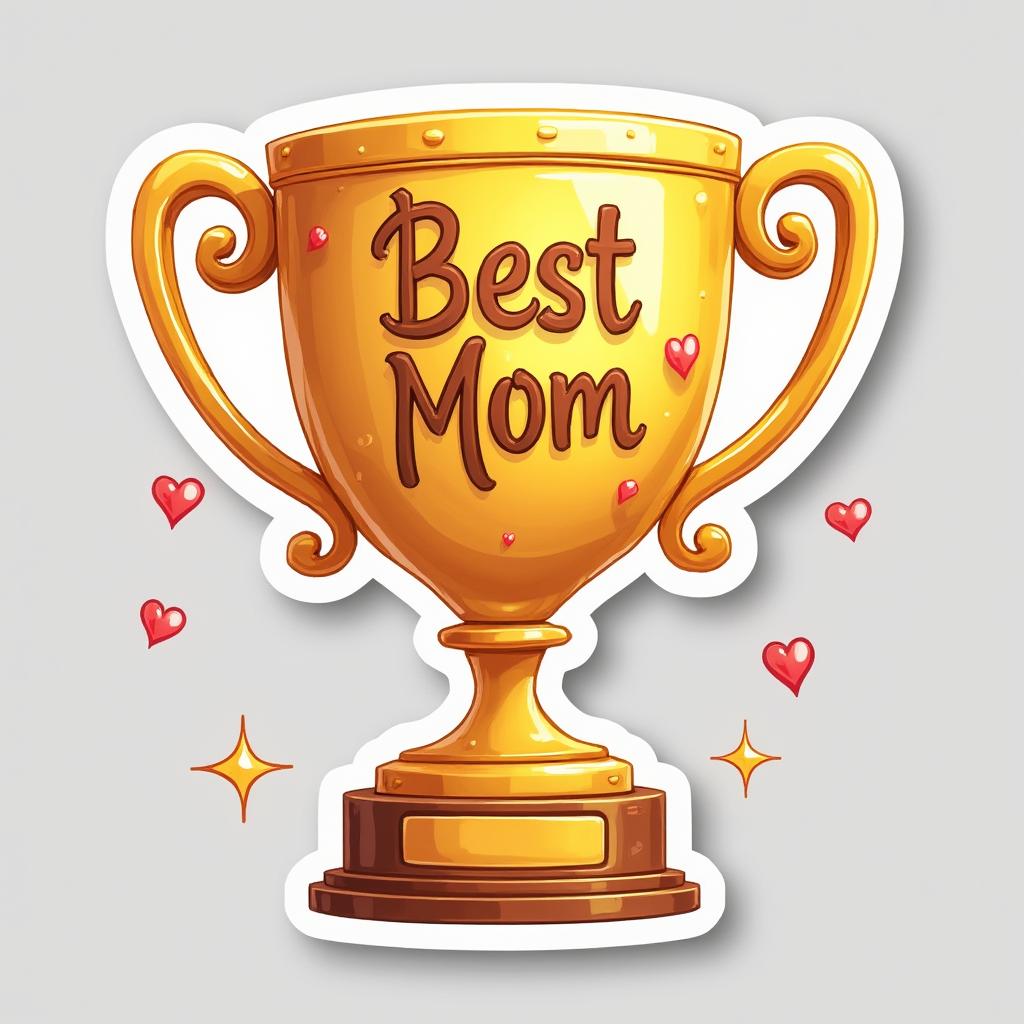 3D rendered trophy labeled 'Best Mom' with sparkles
