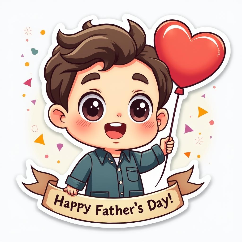 Kawaii dad character holding a heart balloon with confetti for Father's Day