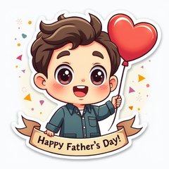Kawaii dad character holding a heart balloon with confetti for Father's Day