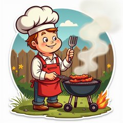 Cartoon dad grilling in backyard with BBQ food for Father's Day
