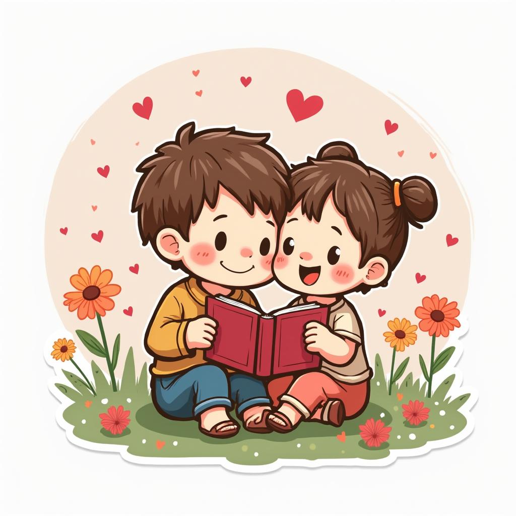 Chibi dad reading a book with child, surrounded by flowers and hearts