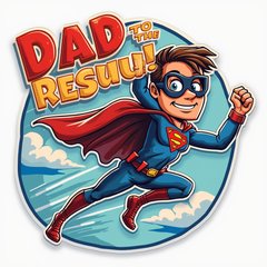 Pop culture dad superhero flying with 'Dad to the Rescue!' text