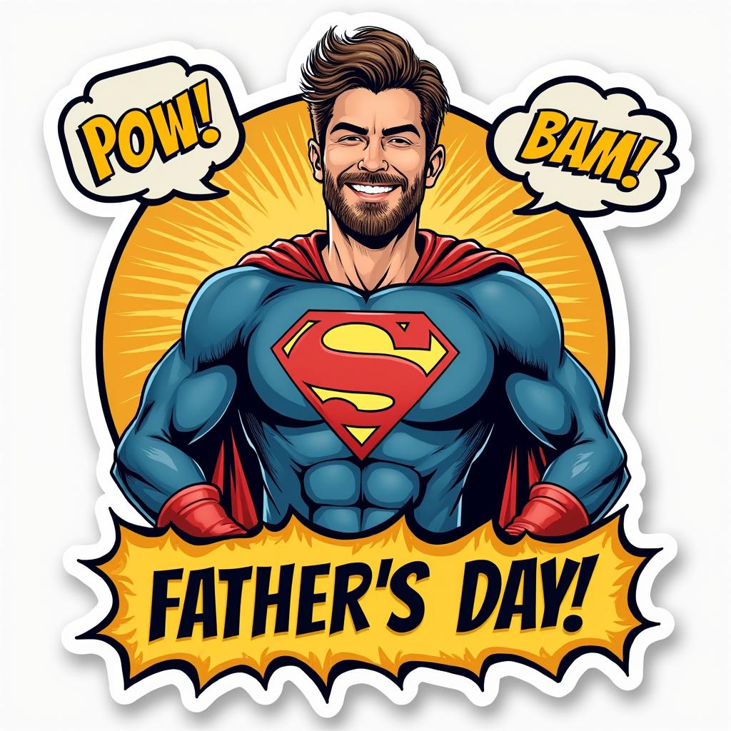 Comic book dad in superhero pose with 'Pow!' and 'Bam!' words
