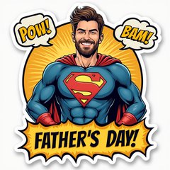 Comic book dad in superhero pose with 'Pow!' and 'Bam!' words